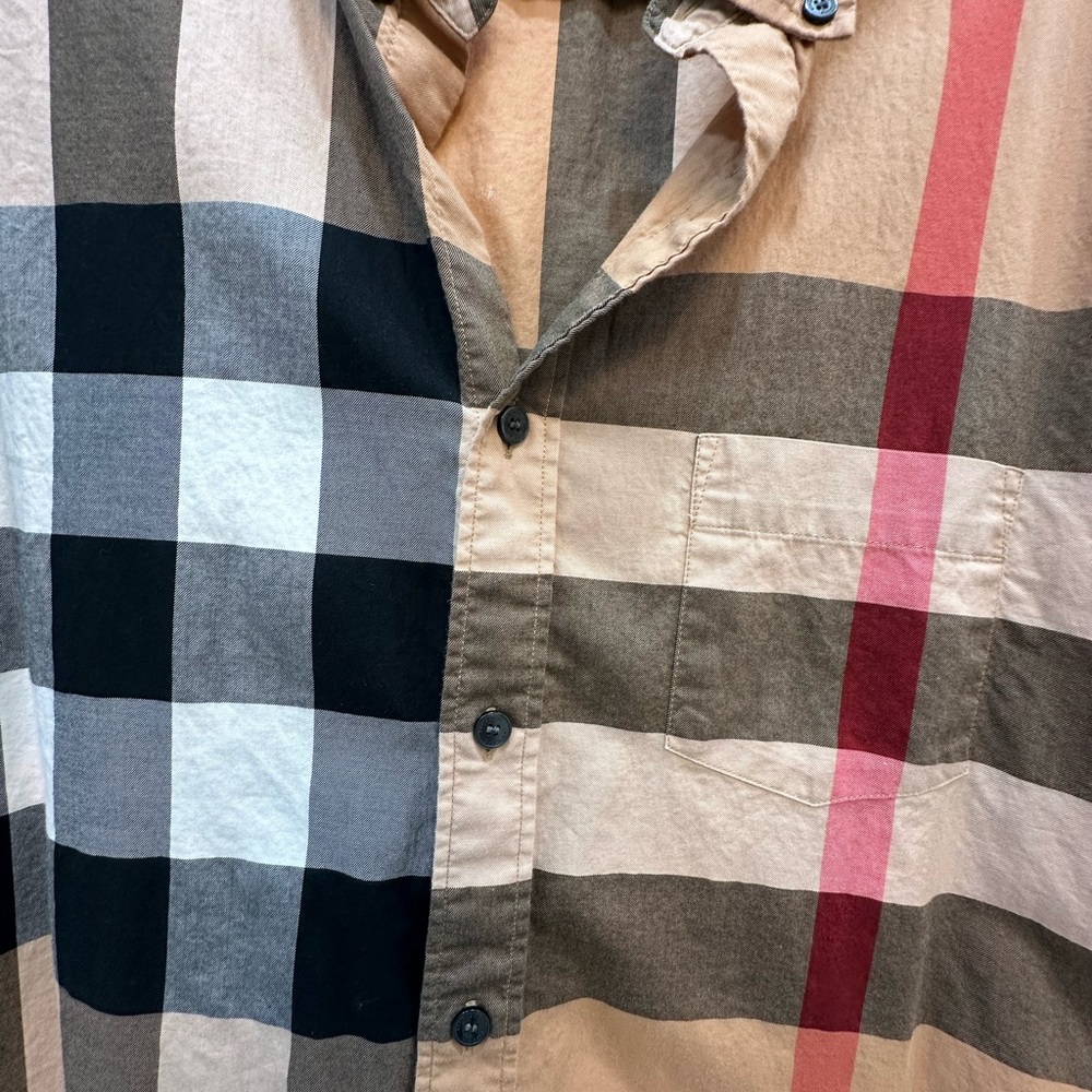 Burberry Tan Black White Red Check Short-Sleeve Button-Down Shirt - Picture 2 of 8